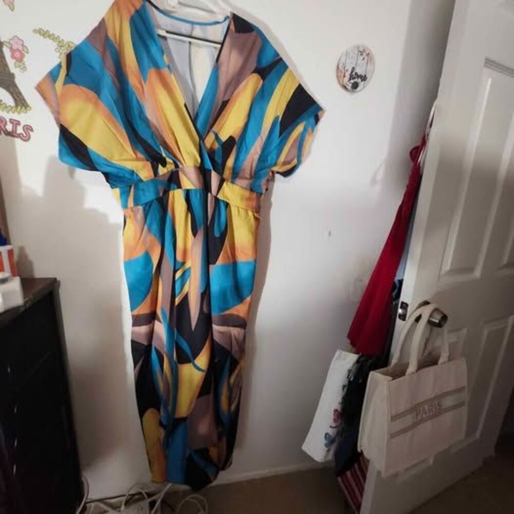Silky Crisscross Banded Waist Abstract Maxi Dress 4X
